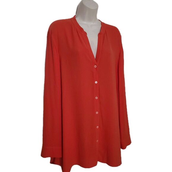 Eileen Fisher blouse 100% Silk Button Down Long Sleeve Orange Coral  sz L - Picture 1 of 10